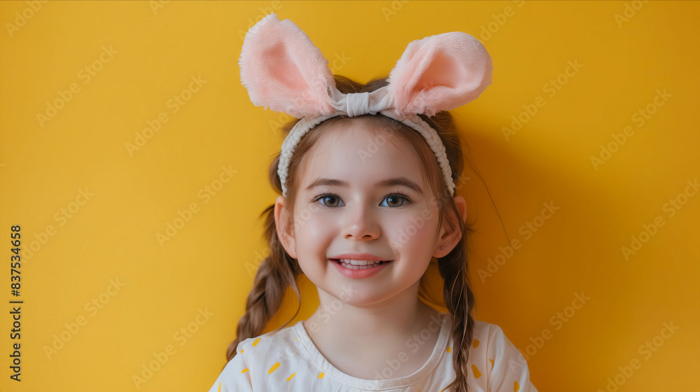 A little girl wearing bunny ears on a yellow background. A little girl wearing bunny ears on a yellow background.
