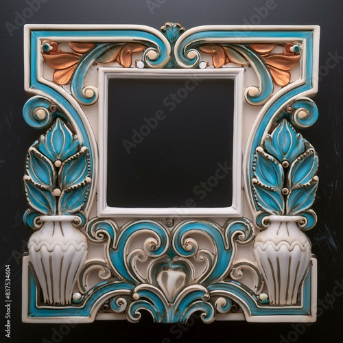 Marco Art Nouveau de cerámica blanca con detalles en verde