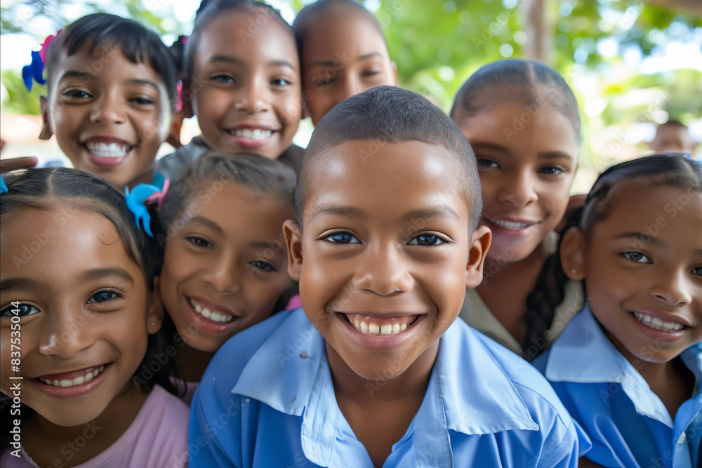 A group of children smiling for the camera. A group of children smiling for the camera.