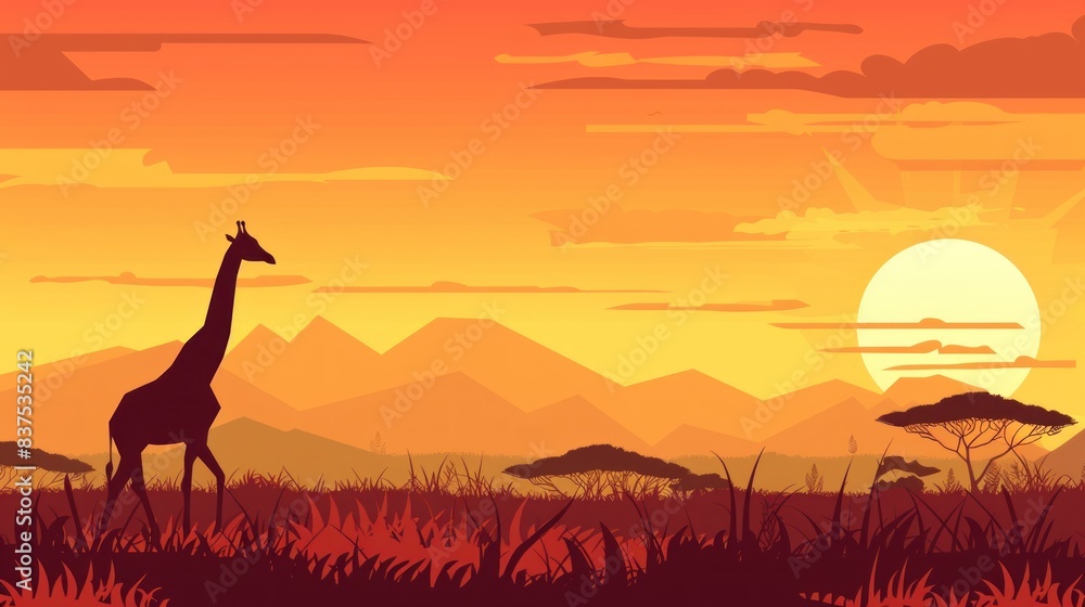 A beautiful sunset over a savanna with two giraffes standing in the foreground