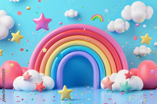 3d rainbows in candy pastel color yellow, pink, purple, blue. Cute plastic rainbow with clouds. 3d rendering spring illustration suitable for decoration of Birthday, product, banner
