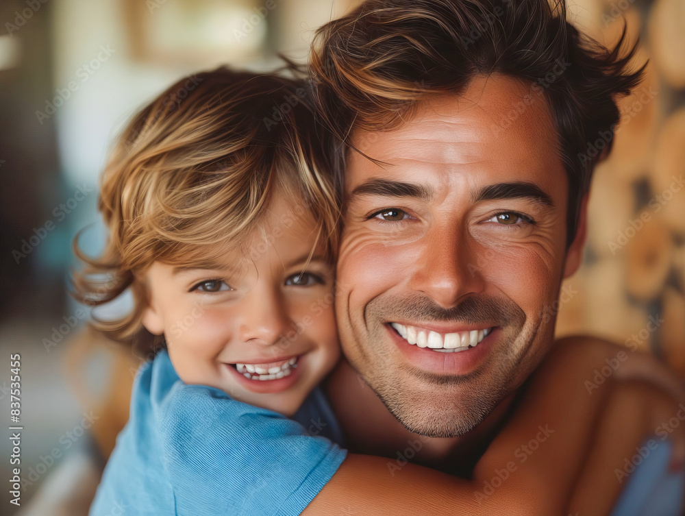 A man and his son are smiling. A man and his son are smiling.