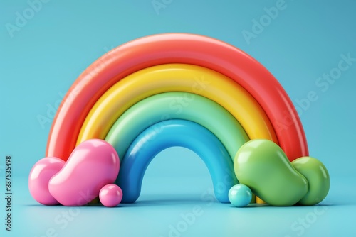 3d rainbows in candy pastel color yellow, pink, purple, blue. Cute plastic rainbow with clouds. 3d rendering spring illustration suitable for decoration of Birthday, product, banner