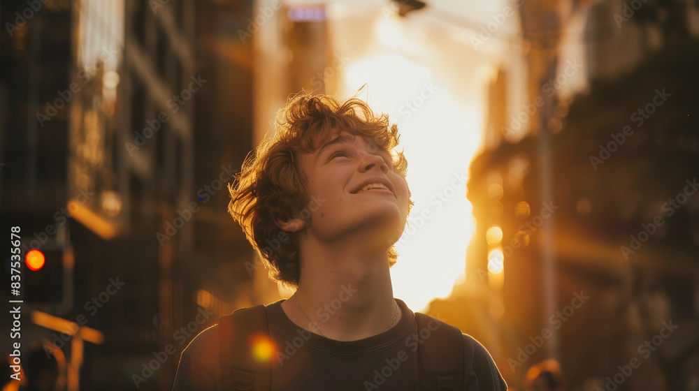 Naklejka premium A young man with curly hair is smiling and looking up at the sun