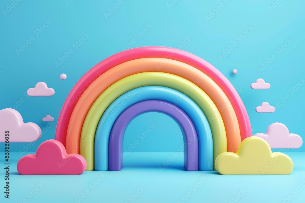 3d rainbows in candy pastel color yellow, pink, purple, blue. Cute plastic rainbow with clouds. 3d rendering spring illustration suitable for decoration of Birthday, product, banner 3d rainbows in candy pastel color yellow, pink, purple, blue. Cute plastic rainbow with clouds. 3d rendering spring illustration suitable for decoration of Birthday, product, banner