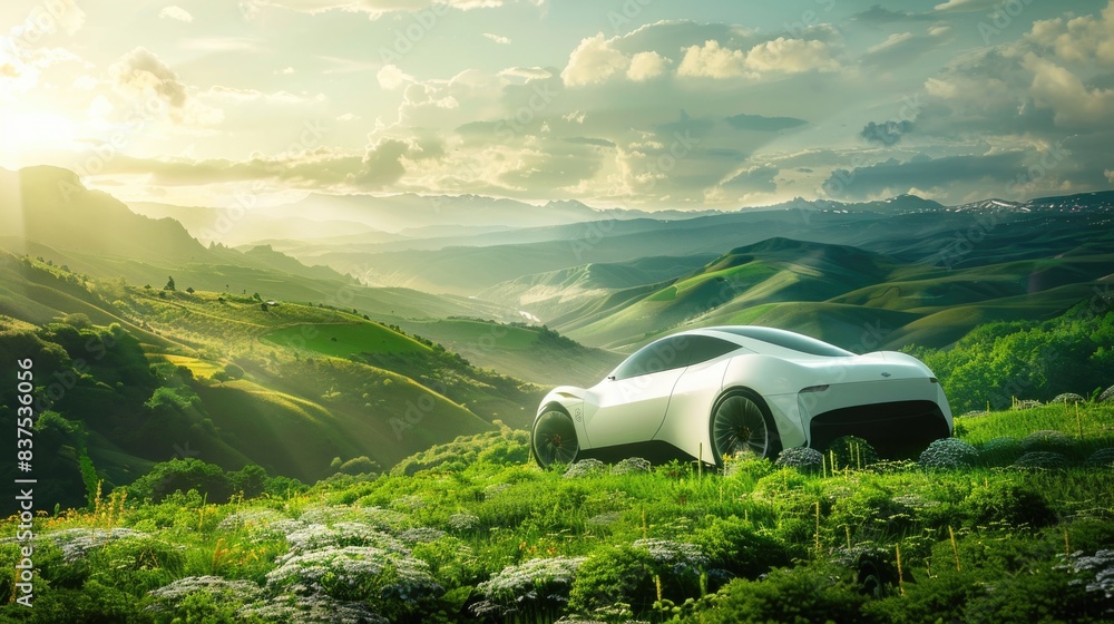 Fototapeta premium Futuristic electric car cruising through a lush green landscape, blending technology seamlessly with nature's beauty.