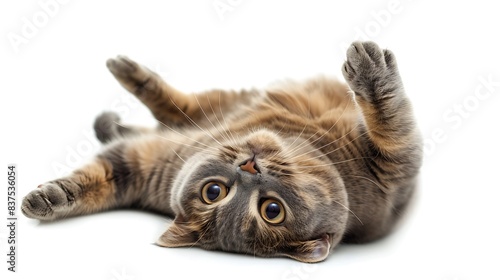 A Scottish Fold cat lying on its back with its paws in the air, displaying its unique folded ears and round face, looking up with a playful expression, white background