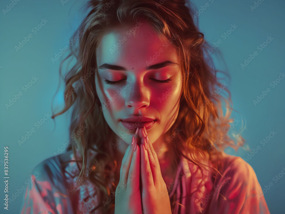 A woman praying with her eyes closed. A woman praying with her eyes closed.