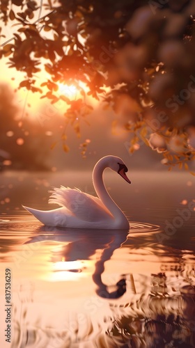 Elegant Swan Gliding Across a Tranquil Pond at Golden Sunset