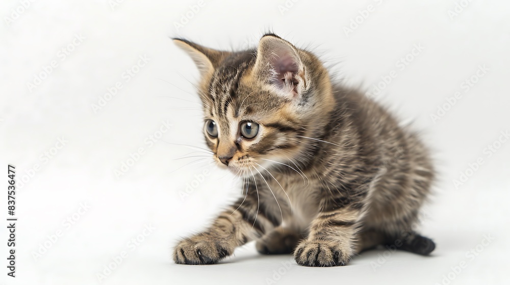 A playful Manx kitten sitting and playing with its paws, highlighting its tailless or short-tailed body and dense coat, with its round eyes and ears, white background A playful Manx kitten sitting and playing with its paws, highlighting its tailless or short-tailed body and dense coat, with its round eyes and ears, white background