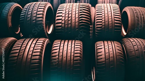 Pile of car tires in factory warehouse