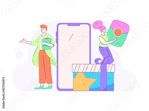 Holiday shopping people doing e-commerce online shopping flat vector concept operation hand drawn illustration 