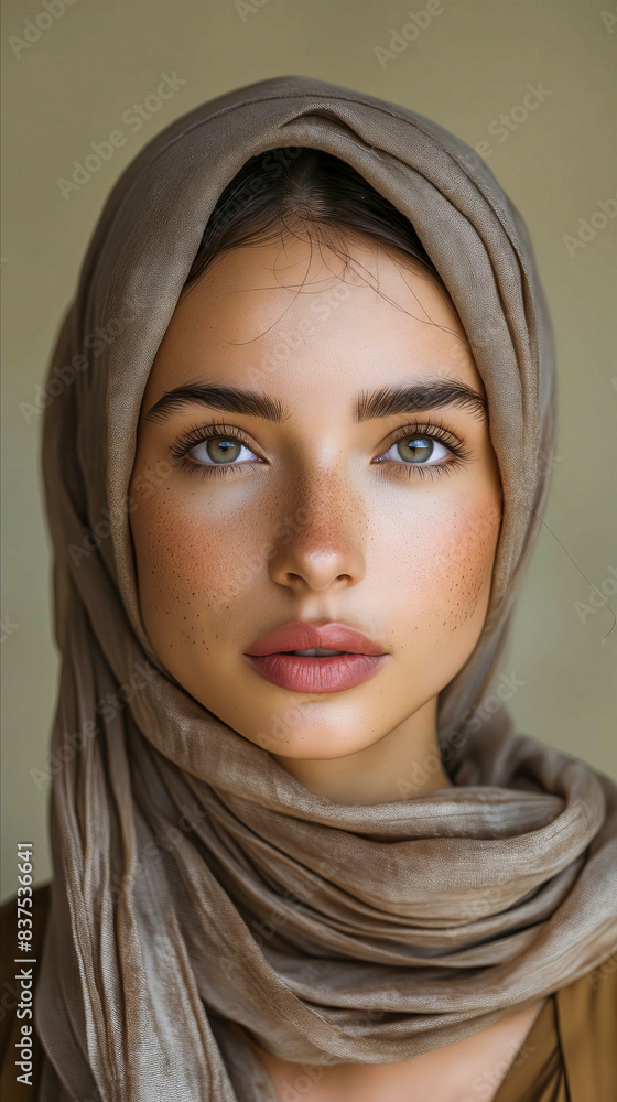 A woman wearing a scarf and looking at the camera. A woman wearing a scarf and looking at the camera.