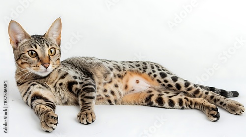 A relaxed Egyptian Mau cat lying on its side, showcasing its spotted coat and muscular build, with its large, almond-shaped eyes giving a regal appearance, white background