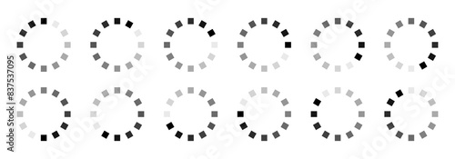 Small rectangular buffering icon set in 12 shades of black colour. Rectangle loading, buffering, processing symbol set in twelve shades of black colour isolated on white background.