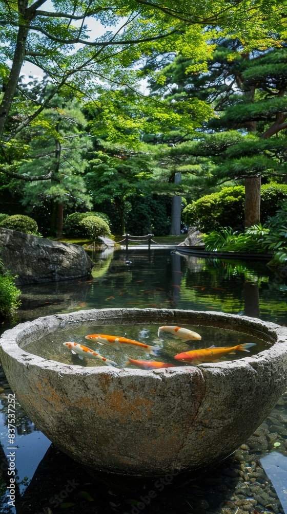 Fototapeta premium Large, shallow stone bowl in a Japanese garden, with koi fish swimming inside generated by AI