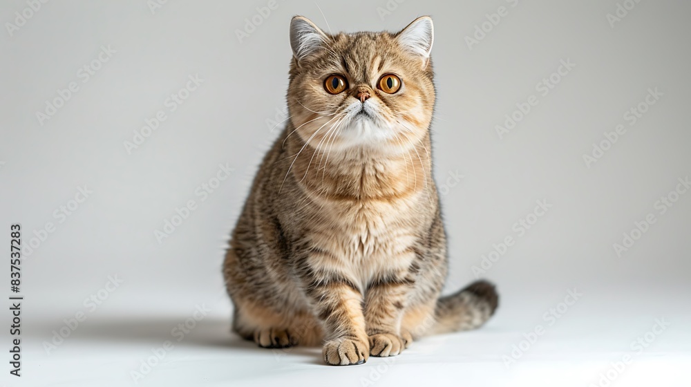 Fototapeta premium A relaxed Exotic Shorthair cat sitting calmly, displaying its short, dense coat and round face, with its large, round eyes giving a gentle and serene expression, white background