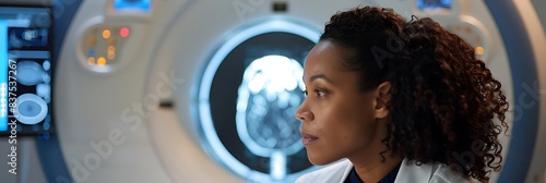 a woman with brown, curly hair wearing a blue shirt looks out of a large window, with a white ear visible in the foreground photo