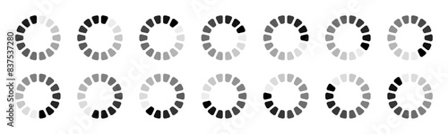 Curved hollow circle segmented into 14 parts buffering icon set. Set of hollow circles divided into fourteen shades of black colour loading, processing or buffering icon isolated on white background.