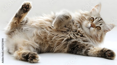 A relaxed Turkish Angora cat lying on its back, displaying its silky, semi-long coat and graceful build, with its large, almond-shaped eyes and tufted ears, white background