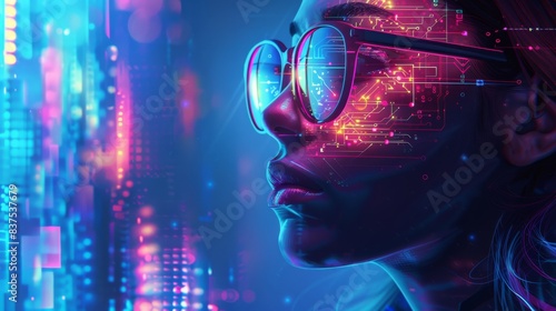 Vision of Innovation: A digital art piece capturing the profile of an AI engineer with futuristic tech elements and circuit patterns on her face, neon and holographic background. advanced technology