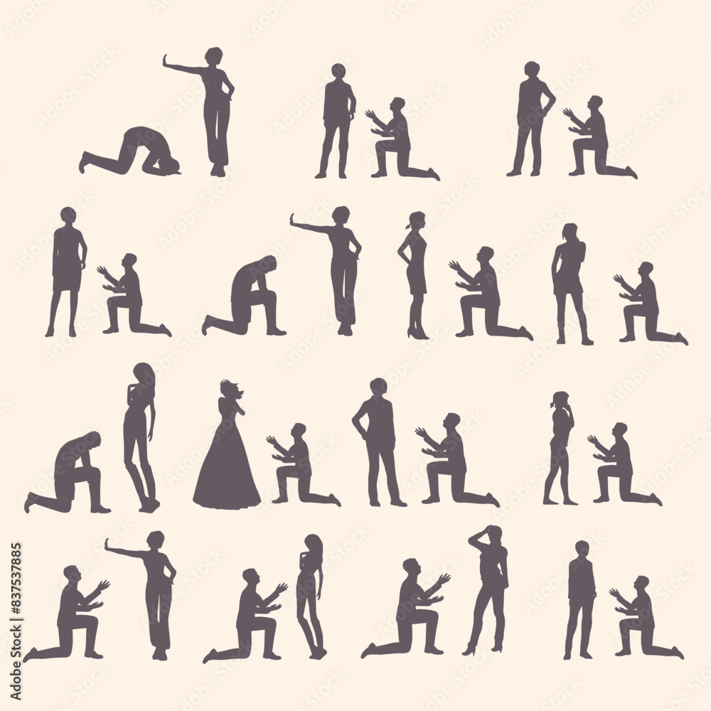 Silhouettes of men in prayer pose. Man asking woman to marry him. People posing collection Silhouettes of men in prayer pose. Man asking woman to marry him. People posing collection