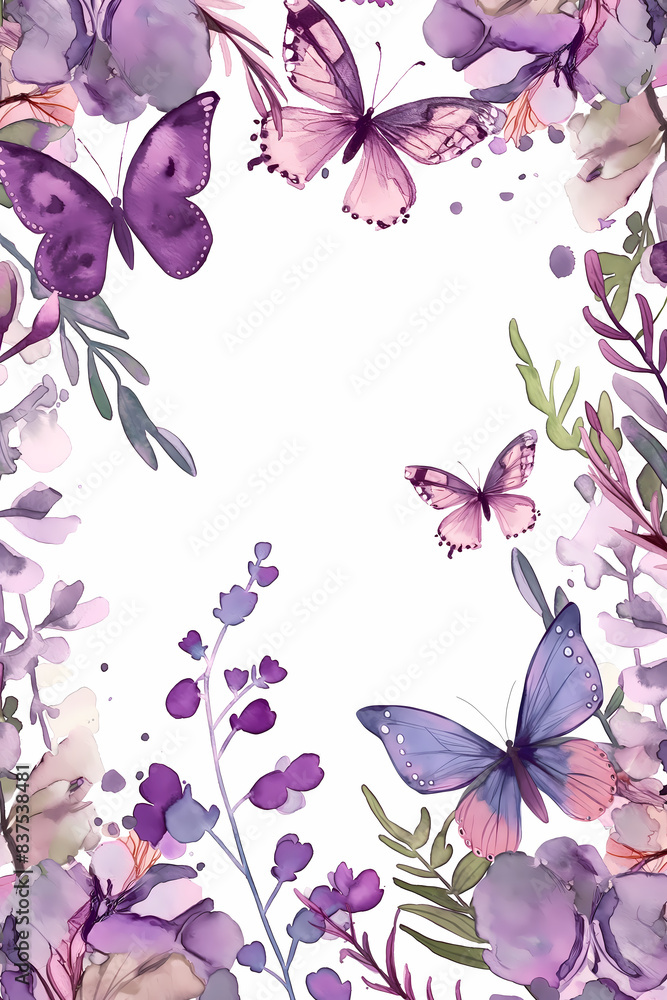 illustration of a frame of purple flowers with purple butterflies in ...