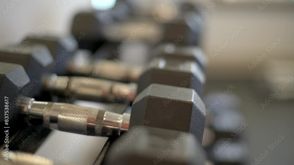 A close-up shot of multiple dumbbells neatly arranged on a rack in a gym, focusing on fitness equipment. A close-up shot of multiple dumbbells neatly arranged on a rack in a gym, focusing on fitness equipment.