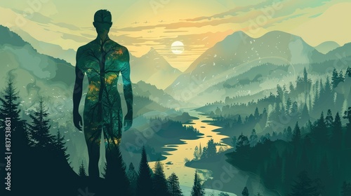 functioning of the human metaphor body with the functioning of nature in a senzillo scheme  which is very graphic  in an entire human silhouette  with rivers  trees and mountains AI generated
