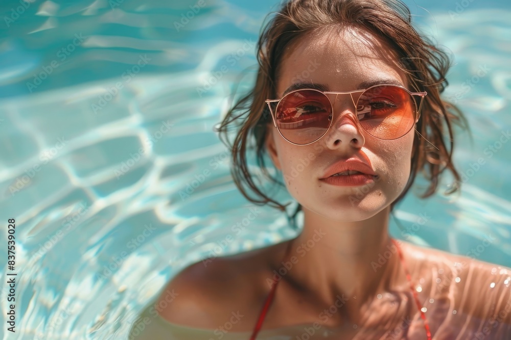 Woman at a swimming pool colorful party during summer time wearing sunglasses, Generative AI 