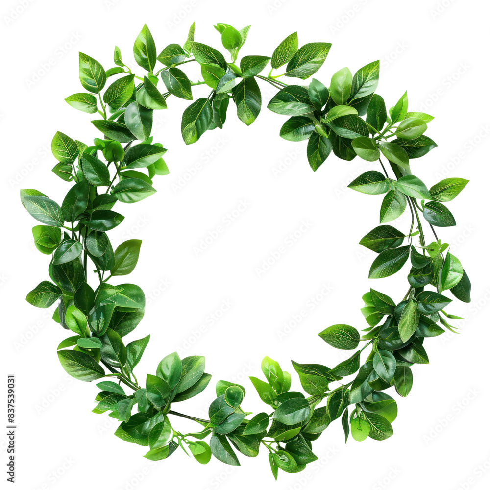 A circular wreath made of green leaves isolated on a white background, symbolizing nature, freshness, and environmental beauty. transparent backgrounds A circular wreath made of green leaves isolated on a white background, symbolizing nature, freshness, and environmental beauty. transparent backgrounds