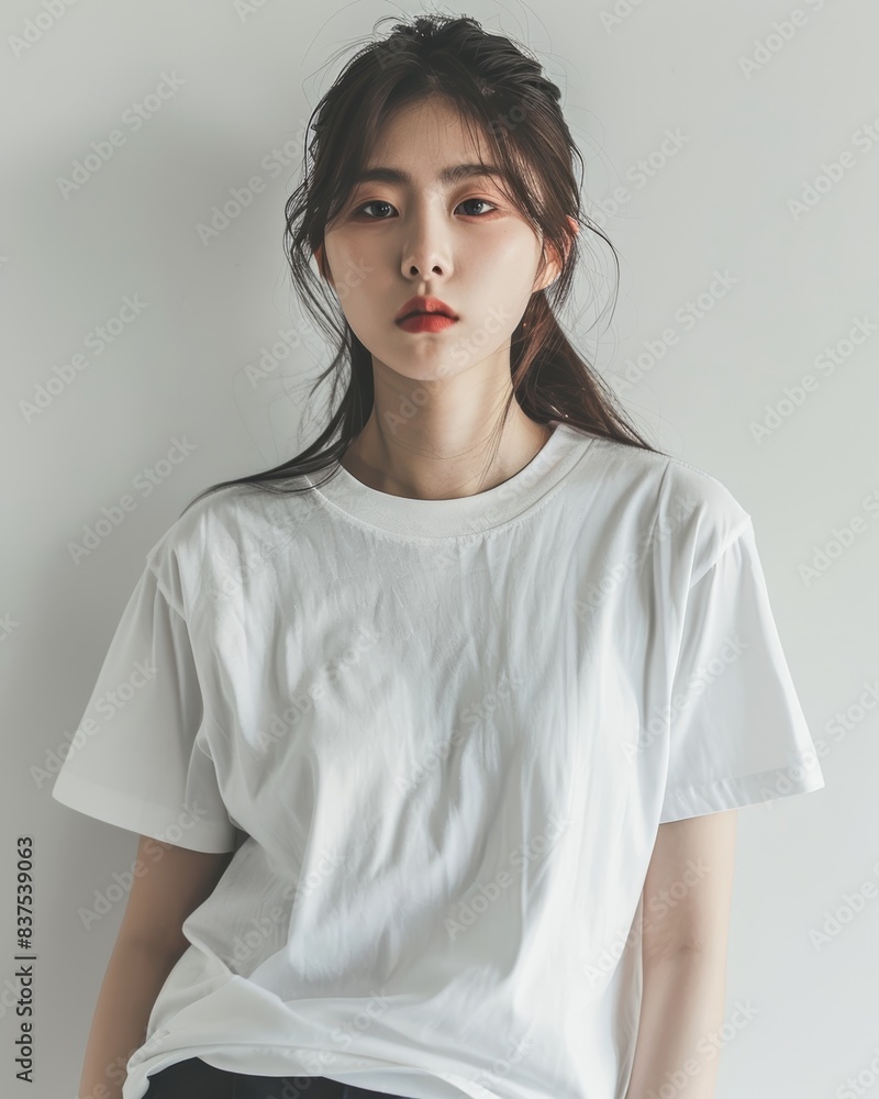 Portrait of a Young Woman in a Casual White T-Shirt. Generative AI. Portrait of a Young Woman in a Casual White T-Shirt. Generative AI.