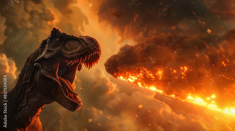 Tyrannosaurus rex roaring with fiery meteor - A menacing T rex roars as a fiery meteor falls from the sky, symbolizing extinction and power Tyrannosaurus rex roaring with fiery meteor - A menacing T rex roars as a fiery meteor falls from the sky, symbolizing extinction and power