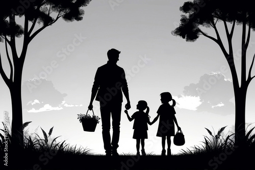 Silhouette of a Happy Family, Father and Children Walking Outdoors with Natural Scenery © ZackZephyr