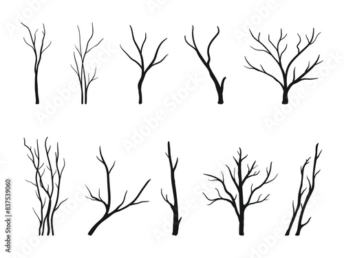 Set of naked trees silhouettes. Hand drawn dead tree