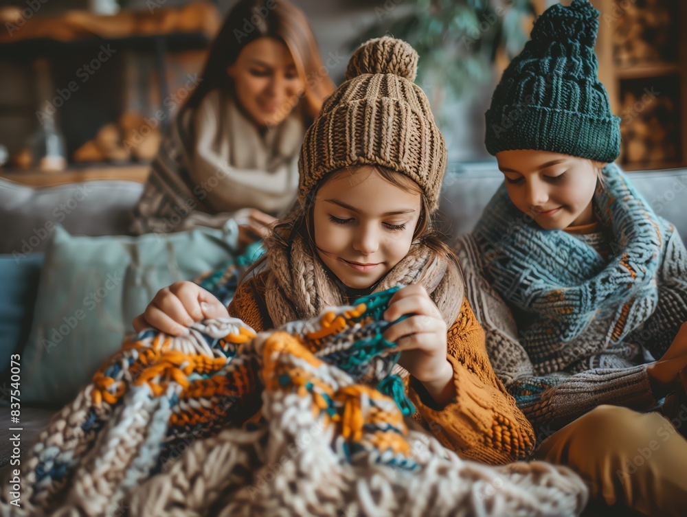 Obraz premium Parents teaching their kids to knit, everyone focused on their projects, cozy and creative, warm living room setting