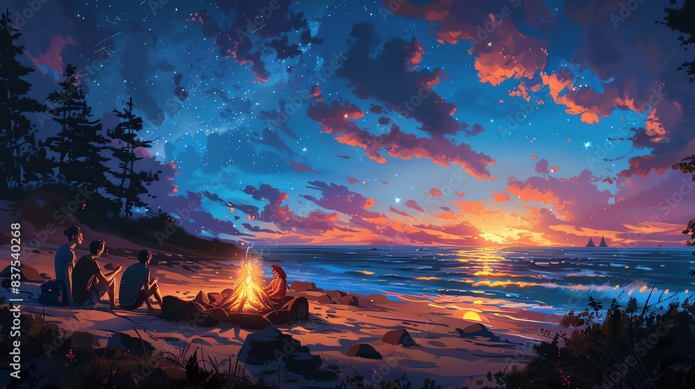 Family having a campfire on the beach, everyone gathered around the fire, roasting marshmallows, waves in the background, cozy night Family having a campfire on the beach, everyone gathered around the fire, roasting marshmallows, waves in the background, cozy night
