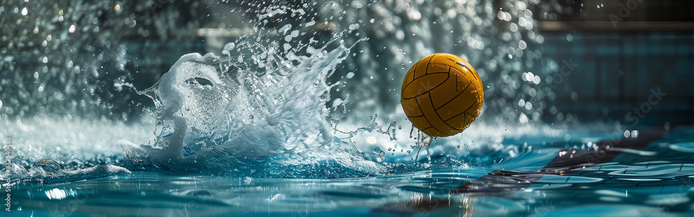 Water polo player makes intense splash - Intense action in a water polo game with a player creating a big splash, highlighting the dynamic of the sport Water polo player makes intense splash - Intense action in a water polo game with a player creating a big splash, highlighting the dynamic of the sport