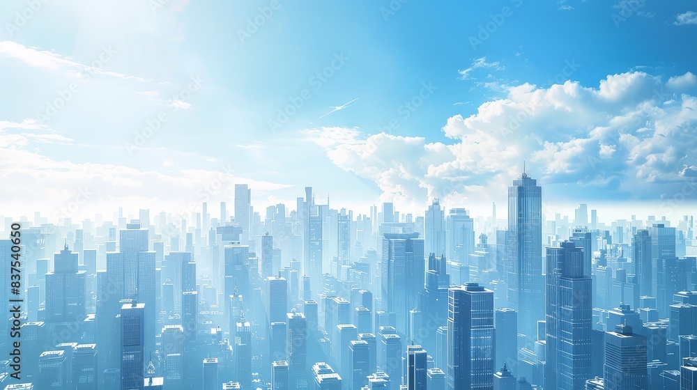Futuristic cityscape with blue sky and clouds - A sprawling, futuristic city skyline under a clear blue sky with fluffy clouds, reflecting optimism and growth Futuristic cityscape with blue sky and clouds - A sprawling, futuristic city skyline under a clear blue sky with fluffy clouds, reflecting optimism and growth