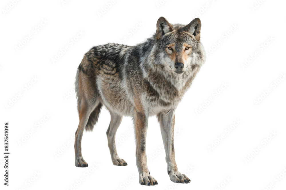Fototapeta premium Gray wolf standing on a black background