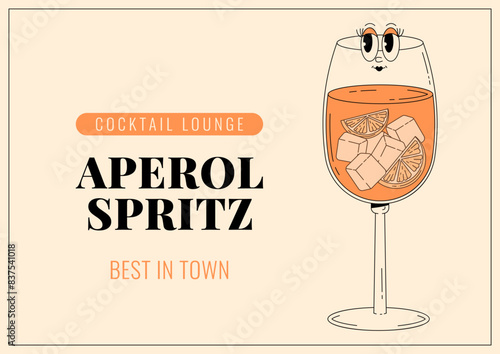 Groovy character Aperol spritz. Retro banner and label with popular alcoholic beverage. Cafe bar or cocktail lounge logo and sign. Retro vector illustration 70s, 80s style