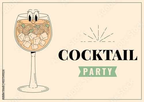 Groovy character limoncello spritz. Retro banner and label with popular alcoholic beverage. Cafe bar or cocktail lounge logo and sign. Retro vector illustration 70s, 80s style