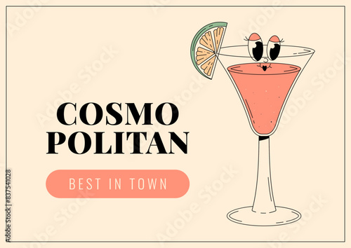 Groovy character cosmopolitan. Retro banner and label with popular alcoholic beverage. Cafe bar or cocktail lounge logo and sign. Retro vector illustration 70s, 80s style