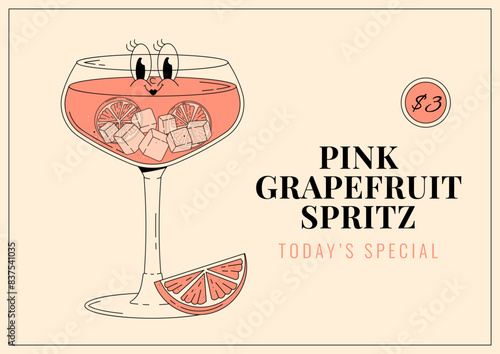 Groovy character pink grapefruit spritz. Retro banner and label with popular alcoholic beverage. Cafe bar or cocktail lounge logo and sign. Retro vector illustration 70s, 80s style