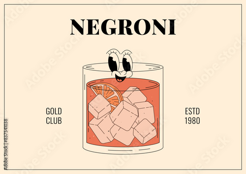 Groovy character negroni. Retro banner and label with popular alcoholic beverage. Cafe bar or cocktail lounge logo and sign. Retro vector illustration 70s, 80s style