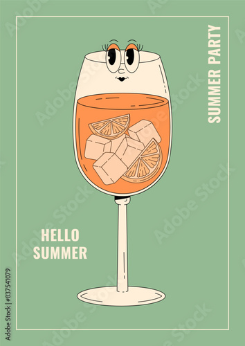 Groovy character Aperol spritz. Retro poster Hello summer and summer party with alcoholic beverage. Cafe bar or cocktail lounge flyer. Retro vector illustration