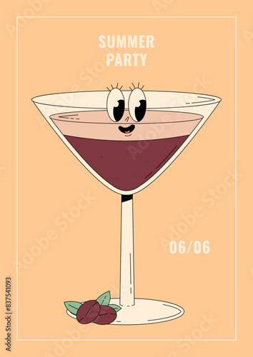Groovy character Tini espresso martini. Retro poster summer party with popular alcoholic beverage. Cafe bar or cocktail lounge flyer. Vector illustration