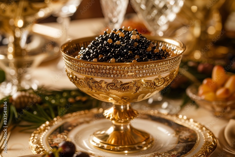 An ornate, gold-trimmed bowl filled with a luxurious caviar spread generated by AI An ornate, gold-trimmed bowl filled with a luxurious caviar spread generated by AI