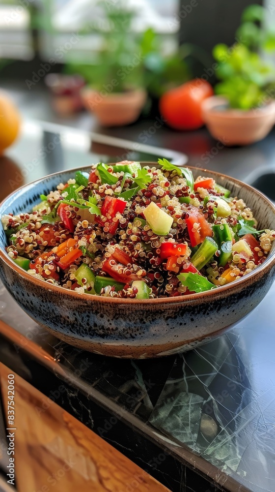 A bowl made from recycled materials, filled with a colorful quinoa salad generated by AI A bowl made from recycled materials, filled with a colorful quinoa salad generated by AI