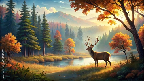 wallpaper featuring a natural landscape with deer and trees     wallpaper  natural  landscape  deer  trees  forest  woodland  scenery  serene  tranquil  wilderness  animals  wildlife  digital